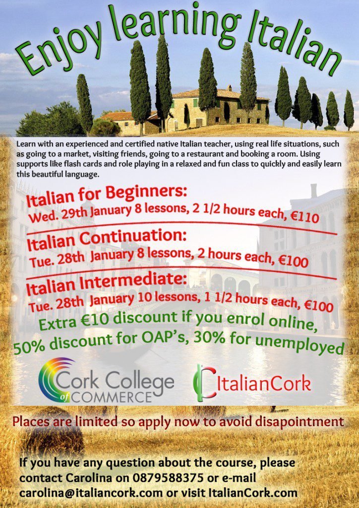 Last Call! New Italian Classes starting next week at the College of Commerce!
