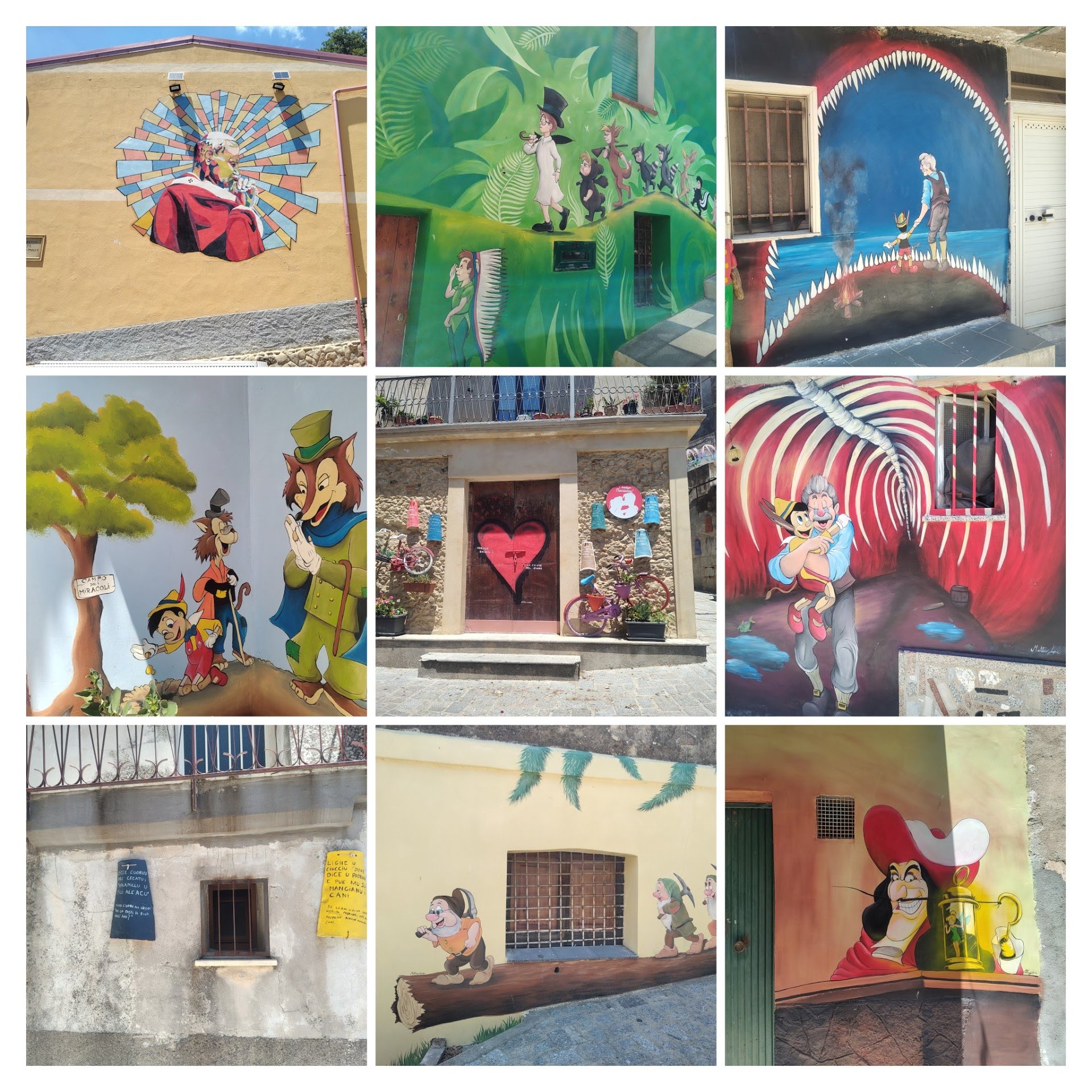 A collage of fairy-tale murals in Belcastro